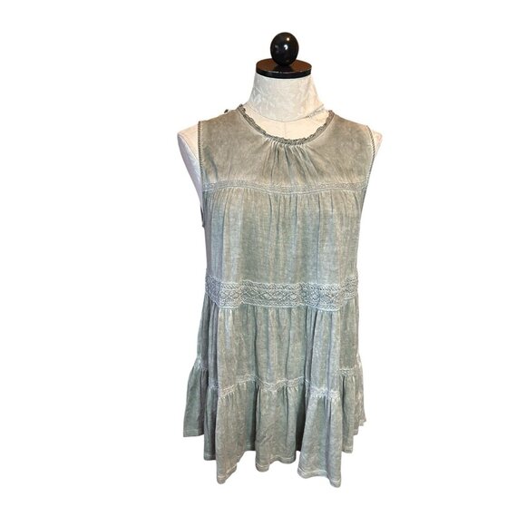 KNOX ROSE Size L 3/4 Sleeveless Knit Blouse Green Eyelet Embroidered Boho - Picture 1 of 9
